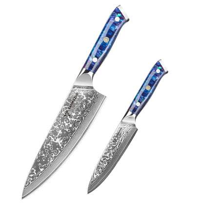SANMUZUO Conjunto de Facas de Cozinha 2 Peças - Série Xuan Faca de Chef e Faca Utilitária de Aço Damasco Ultra Afiadas - Cabo de Resina para Culinária Diária