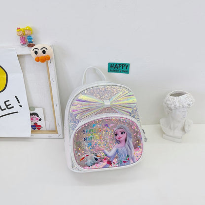 Mochila Mini de Glitter Princesa Elsa de Frozen da Disney, Linda com Laço de Lantejoulas, Bolsa Escolar de Jardim de Infância para Meninas, Desenho Animado Infantil, Mochila de Ombro Duplo
