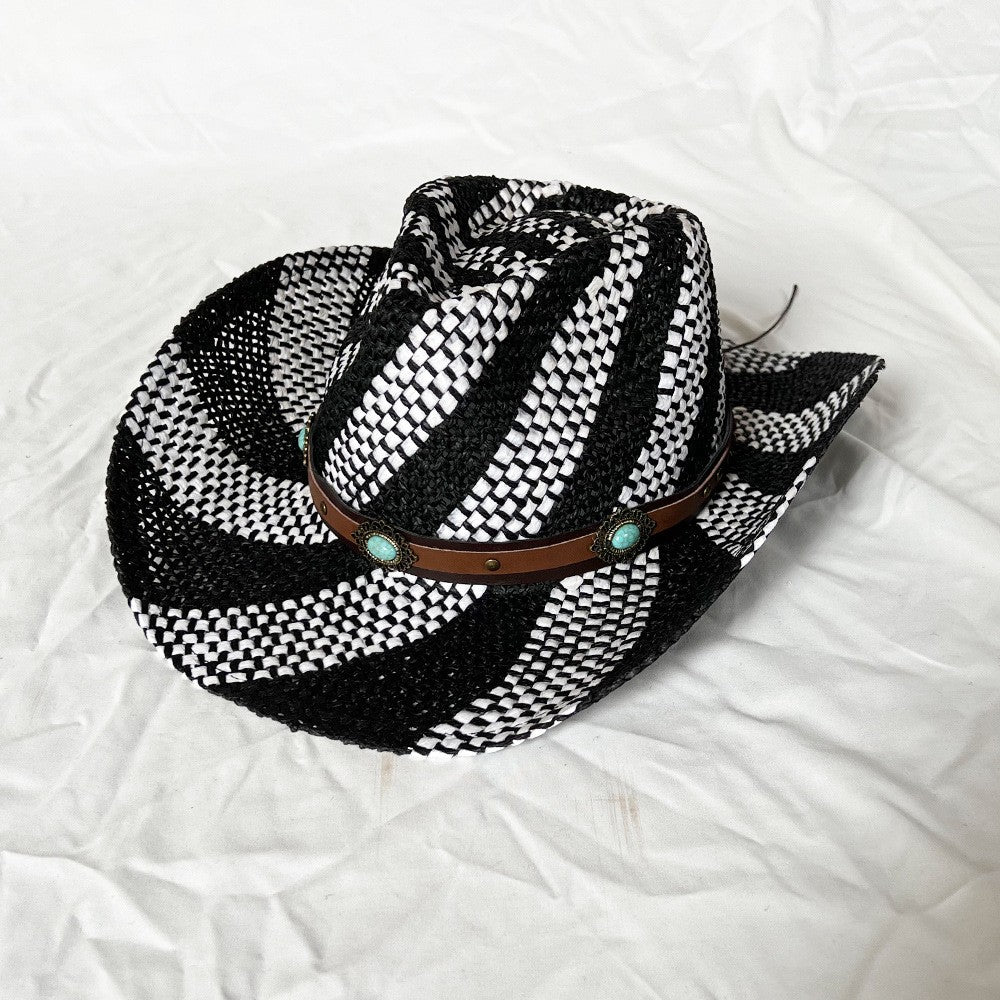 Ethnic Style Contrast Color Straw Cowboy Hat Mens Wide Brim Western Caps with Belt for Outdoor Party Vacation Sun Hats