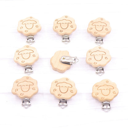 5pcs 30mm Laser Patern Metal Steel Round Beech Wood Clips Baby Teethers Toys Pacifier Chain Holder Making