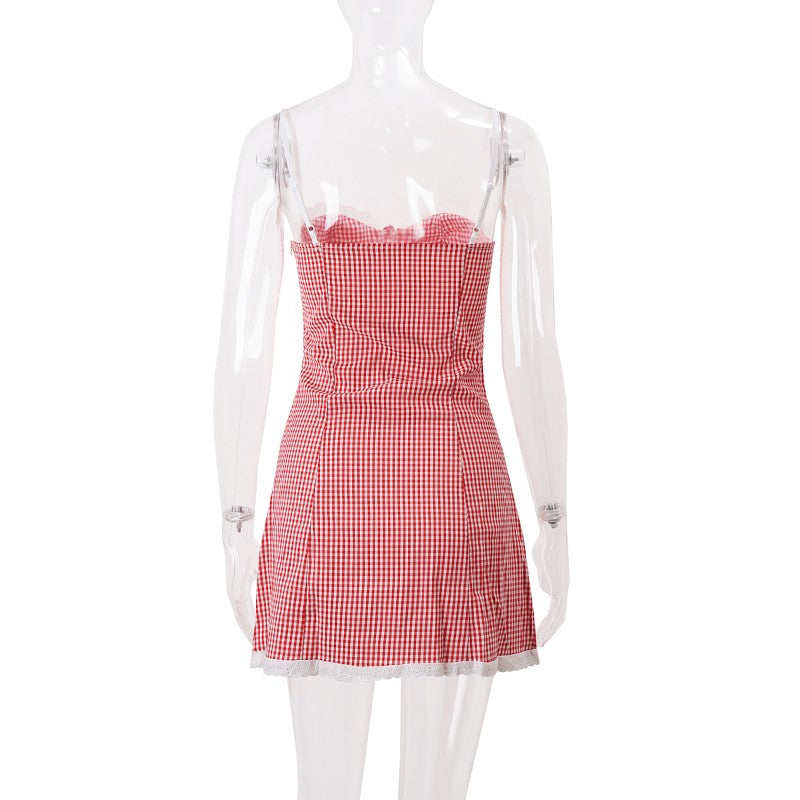 WhereMery Plaid Y2K Lace Vintage Spaghetti Strap Mini Dresses Backless Aesthetic