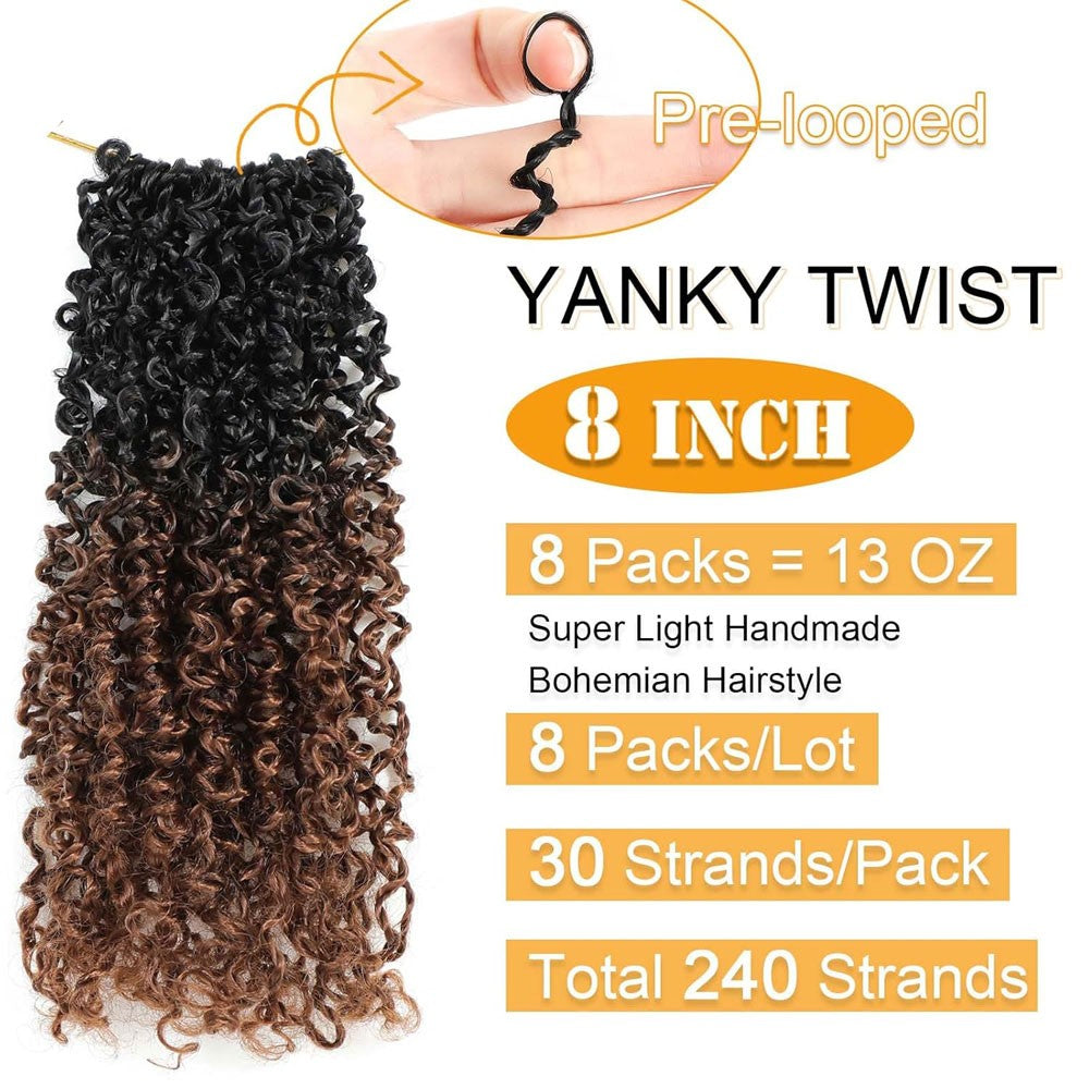 Cabelo de Crochê Yanky Twist de 8" pré-enrolado, Ombre Marrom, Cabelo de Crochê Sintético com Pontas Cacheadas, Cabelo de Crochê Yank Twist para Mulheres Negras