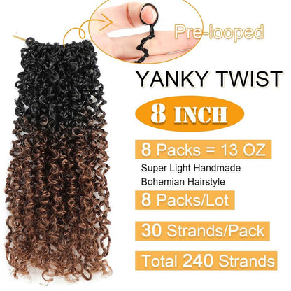 Cabelo de Crochê Yanky Twist de 8" pré-enrolado, Ombre Marrom, Cabelo de Crochê Sintético com Pontas Cacheadas, Cabelo de Crochê Yank Twist para Mulheres Negras