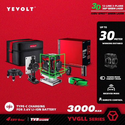 Nível a Laser Verde YEVOLT Série YVGLL4XS12T 3 Planos 12 Linhas Autonivelante 360 3D Horizontal & Vertical Ferramentas de Medição de Energia