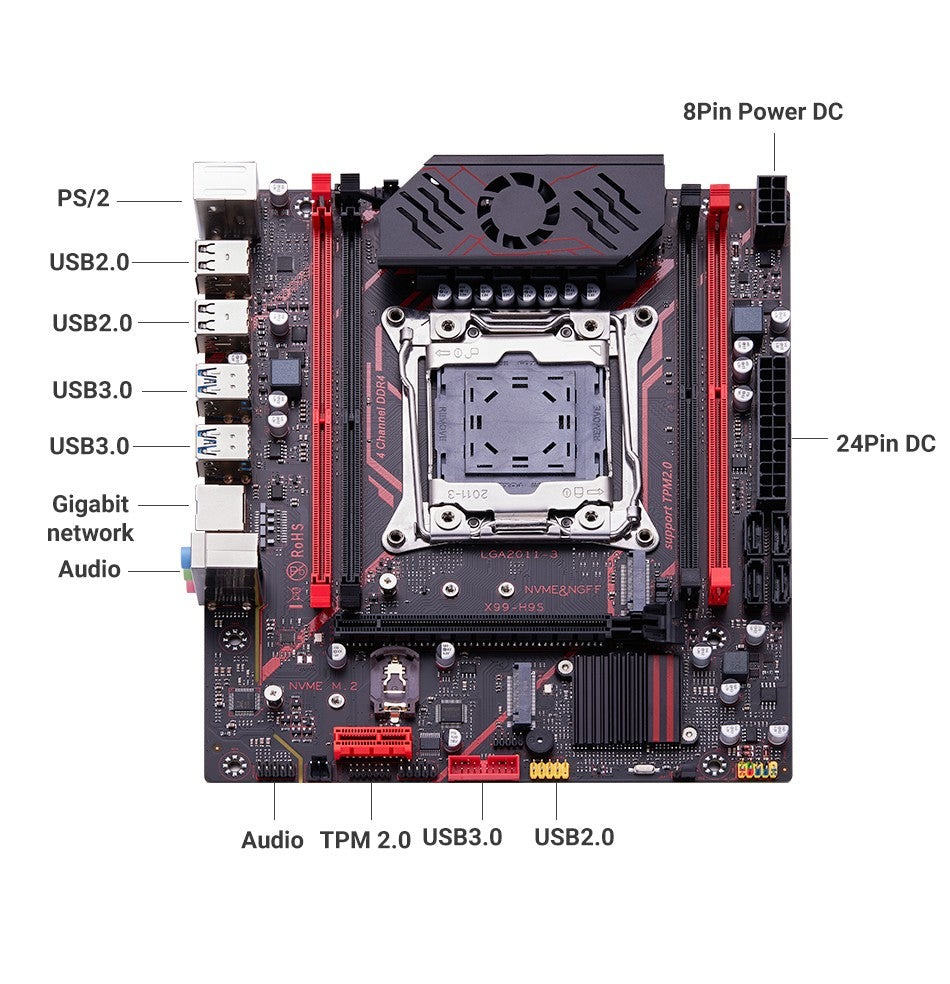 Kit Placa Mãe QIYIDA X99 H9S Com Processador Xeon E5 2630 V4 LGA2011-3 Memória RAM DDR4 16GB ECC REG NVME M.2 Interface TPM 2.0 SATA3