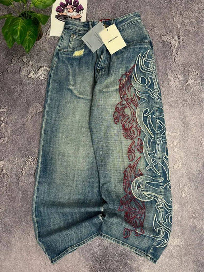 Calça Jeans Larga Y2K Masculina Americana com Bordado e Novo Padrão, Estilo High Street Vintage Hip Hop Moda Casual Joker para Casais