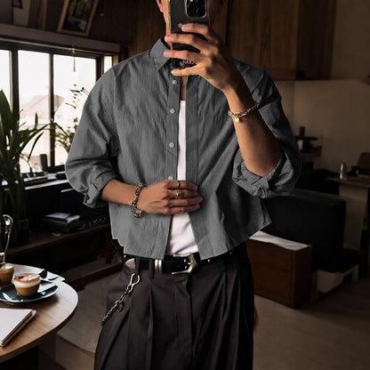 INCERUN Men Shirt Striped Lapel Long Sleeve Loose Casual Men Clothing Streetwear 2025 Korean Style Fashion Crop Tops Men