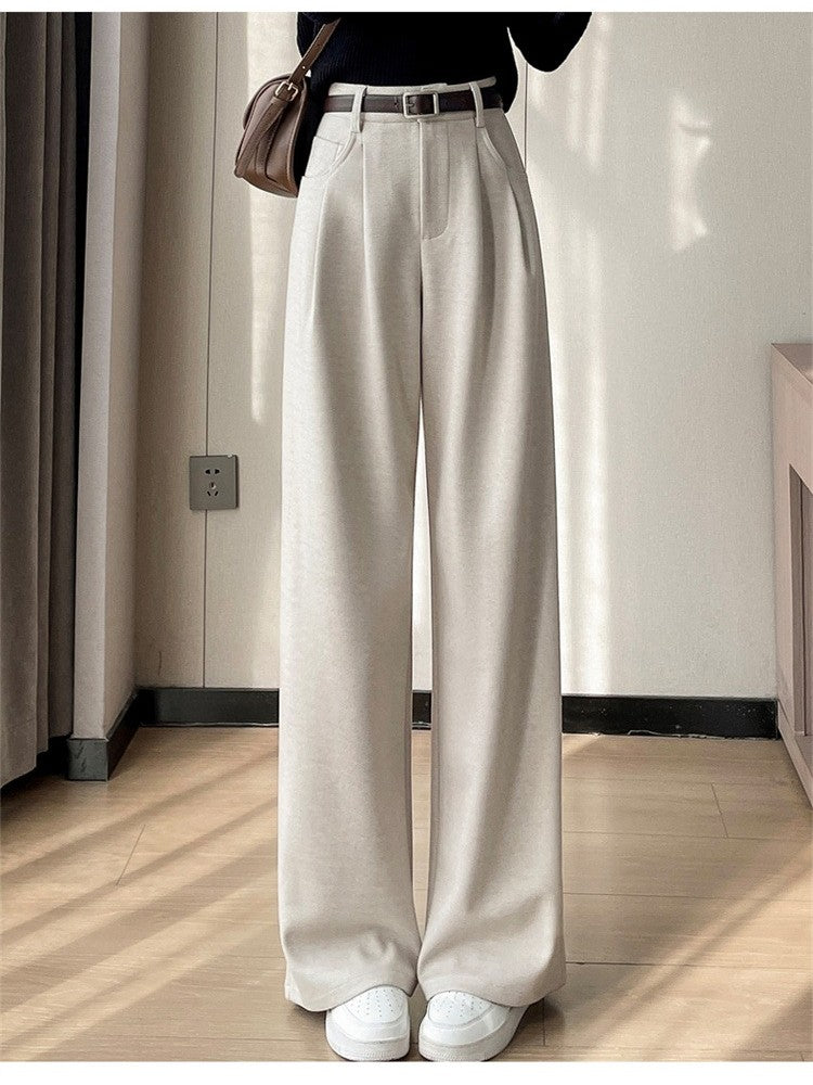 High Quality Woolen Wide Leg Pants Women Streetwear Belt Baggy Black Suit Pants Winter Korean Fashion Casual Straight Trousers