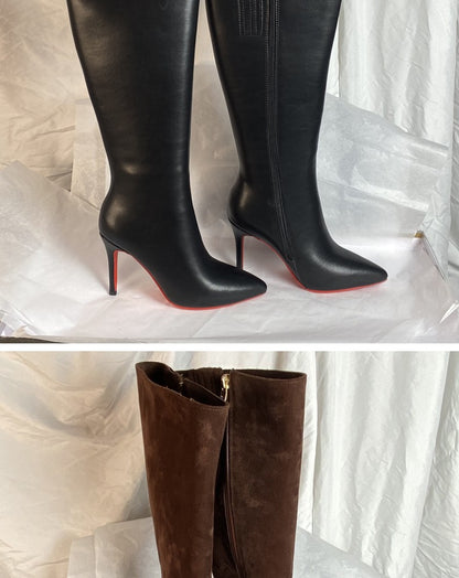 Ods Luxury Designer Sexy Pointed Toe Pole Knee High Brown Black Leather Red Sole Botas Mujer Boots For Women 8 10cm Big 41434546