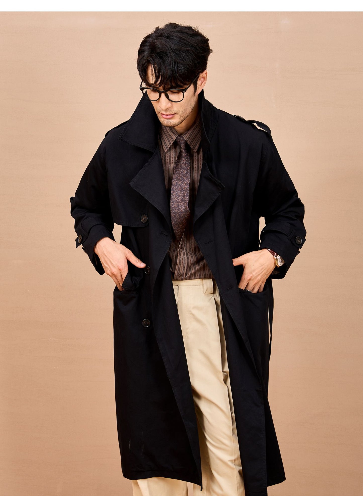 Mauroicardi Spring Autumn Long Black Khaki Trench Coat Men Shoulder Pads Double Breasted Chic British Style Fashion Clothes 2025