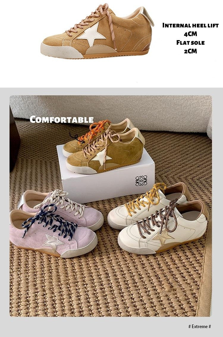 6cm de Elevação Interna Cadarços de Pato Mandarim Estrela Sapatos Sujos Femininos Vintage Sola Grossa Versátil Tênis Casual