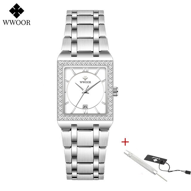 WWOOR Top Brand Luxury New Ladies Diamond Watch Fashion Square lady Wrist Watch Simple Women Dress Small Watch Relogio Feminino