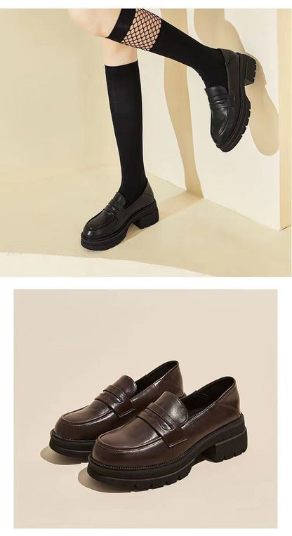 Sapatos Casuais Femininos de Couro Moda Saltos Grossos Cor Sólida Respirável Mocassins Confortáveis Saltos Altos Femininos Zapatos