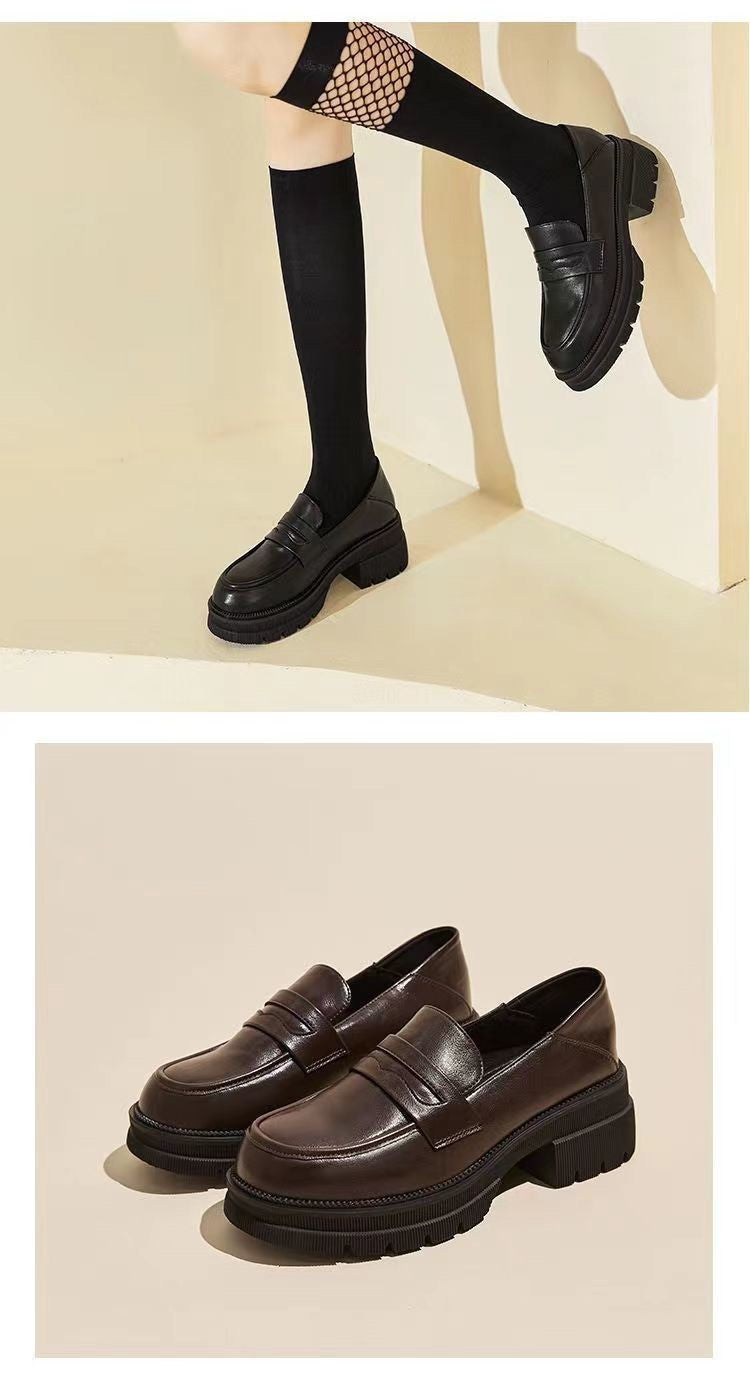 Sapatos Casuais Femininos de Couro Moda Saltos Grossos Cor Sólida Respirável Mocassins Confortáveis Saltos Altos Femininos Zapatos
