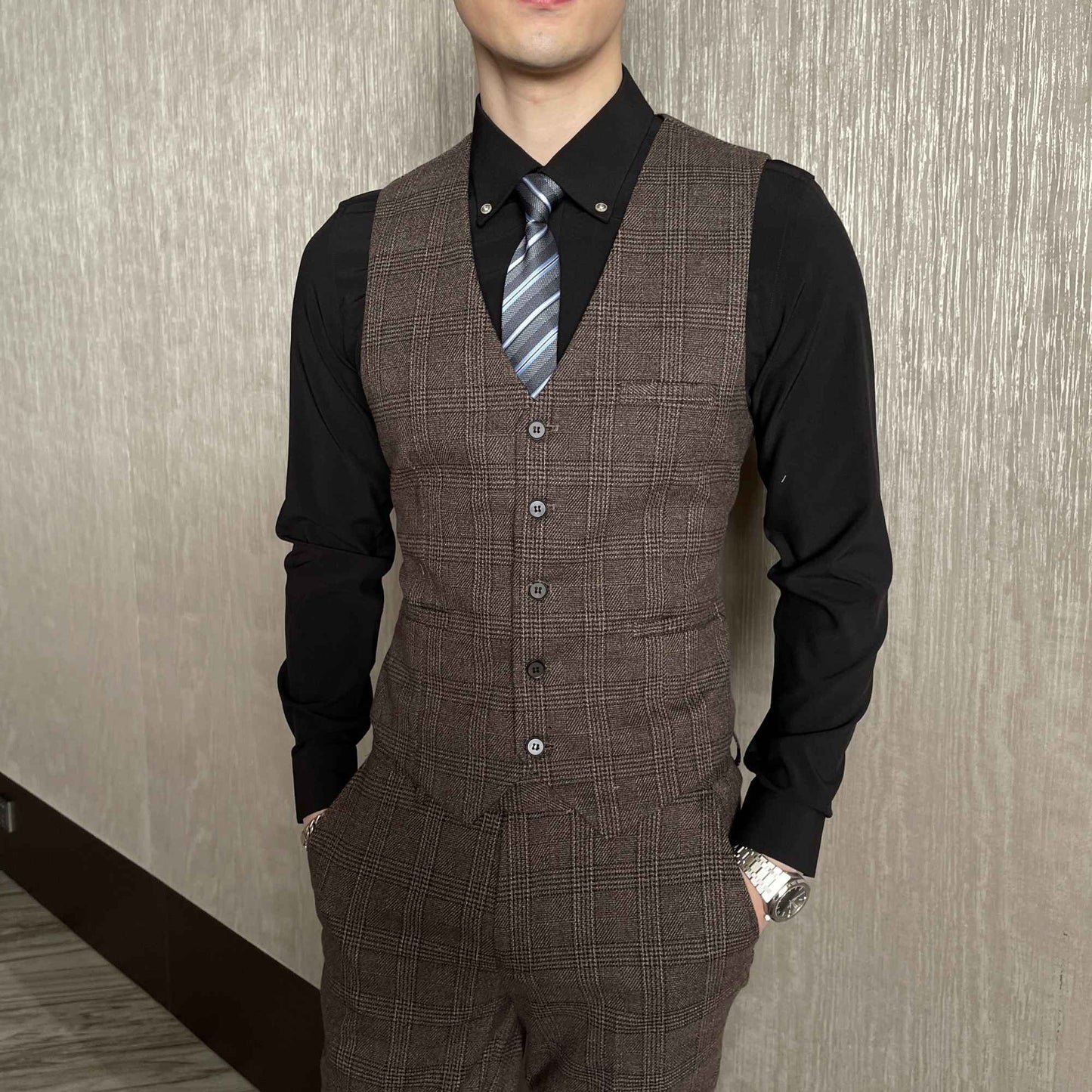British Korean Style High Quality Modified Plaid Three-Piece Suit for Men - Stylish Business Casual Suit Vest And Trousers Set