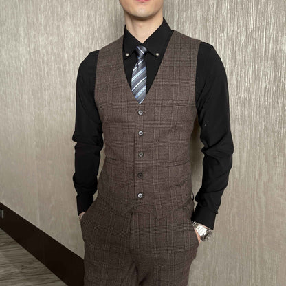 British Korean Style High Quality Modified Plaid Three-Piece Suit for Men - Stylish Business Casual Suit Vest And Trousers Set