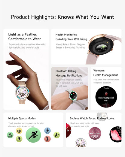 2025 Novo Smartwatch Feminino da Moda Tela HD 360*360 Pulseira Esportiva Mostrador Personalizado Frequência Cardíaca Chamada de Voz Smartwatch Para Android iOS