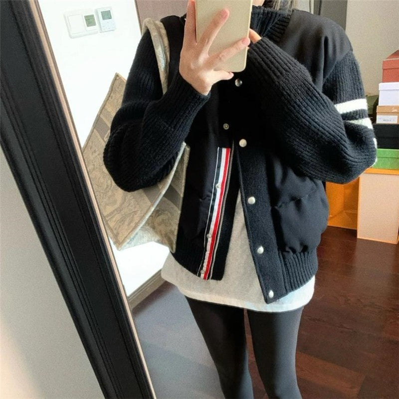 Little Women's Wear Knitted Stitching Coat Down Cotton-padded Short Female 2025 Winter Casual Jacket Loose Collar Thick Overwear