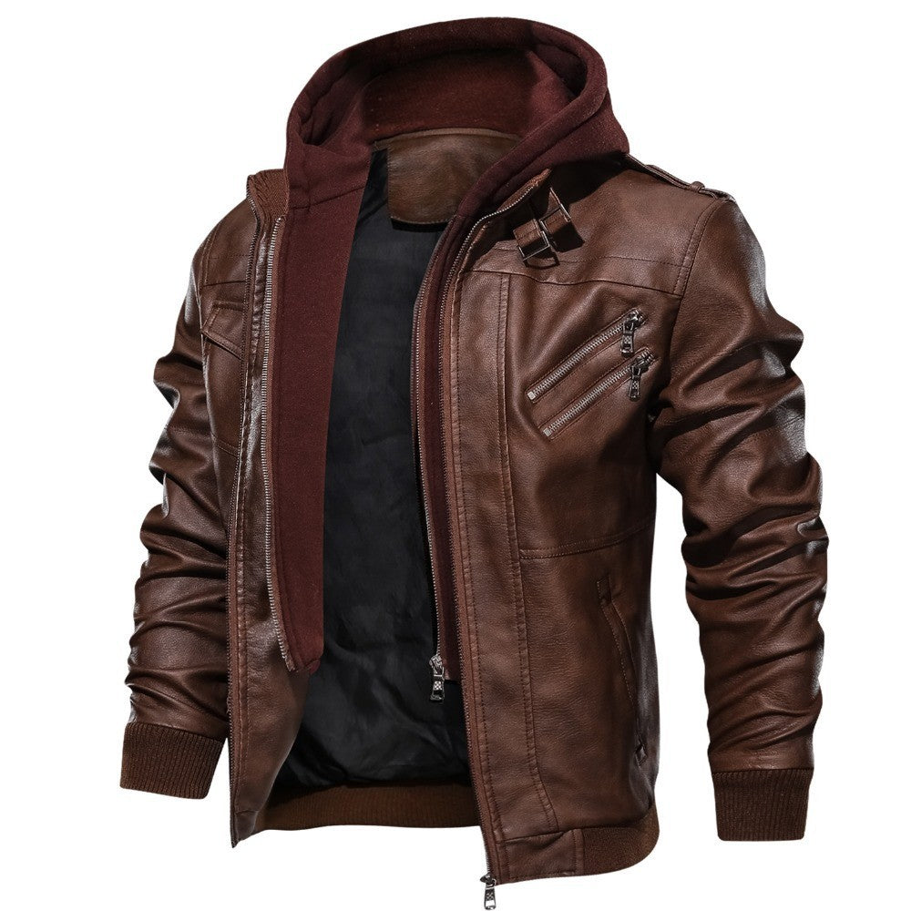 Men's Autumn Winter Casual PU Leather Hooded Zipper Warm Jackets Male Motorcycle Jacket Military Windbreaker Outdoor Coats
