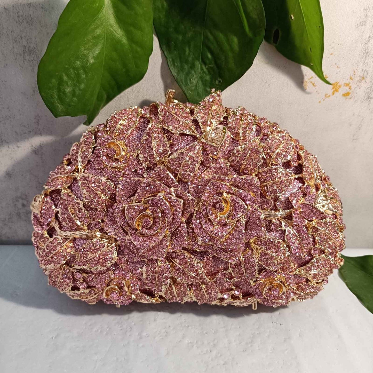 Luxury Women Pink Flower Clutch Bags Stone Evening Bags Bridal Rhinestone Handbags Wedding Clutches Bags Dinner Minaudiere Purse