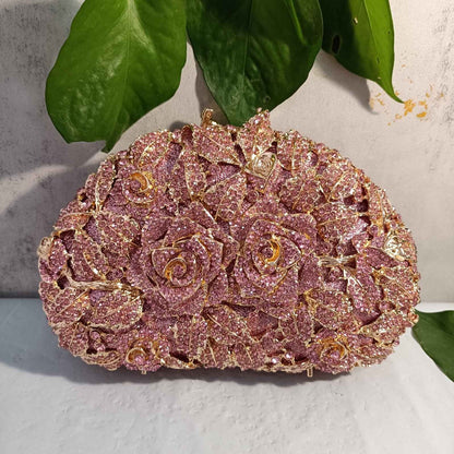 Luxury Women Pink Flower Clutch Bags Stone Evening Bags Bridal Rhinestone Handbags Wedding Clutches Bags Dinner Minaudiere Purse