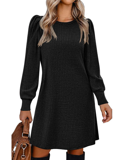 Y2K autumn and winter women's crew neck solid color sweater bubble sleeve fashion commuter dress comfortable casual loose dress