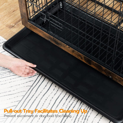 Large Dog Crate Furniture, Wooden Kennel with Pull-Out Tray, Rustic Brown, 38.6' for Medium/Small Dogs