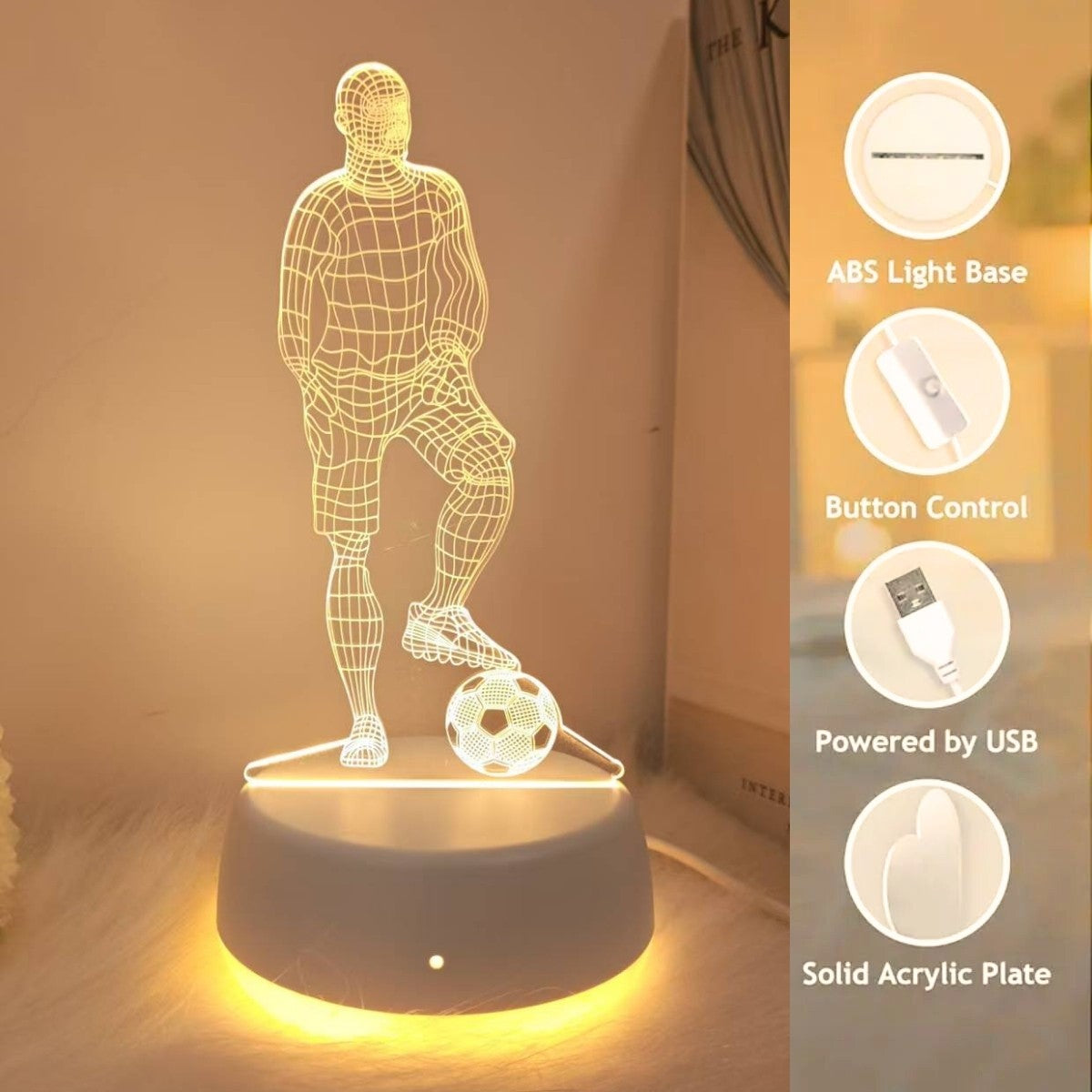 USB football player 3D night light, monochrome LED light, bedroom atmosphere and home decoration, football fans, holiday gifts