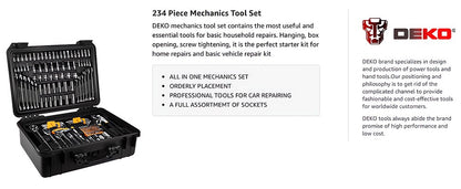 Jogo de Ferramentas Manuais e Soquetes DEKO Mechanic 234 Peças Chave Catraca de 1/2 1/4 3/8 Polegadas Caixa de Ferramentas Automotivas para Carro e Reparos Domésticos