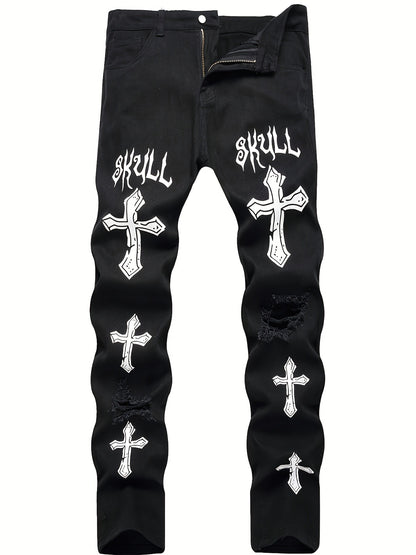 High street black youth cross print elastic hole patch tight jeans for men