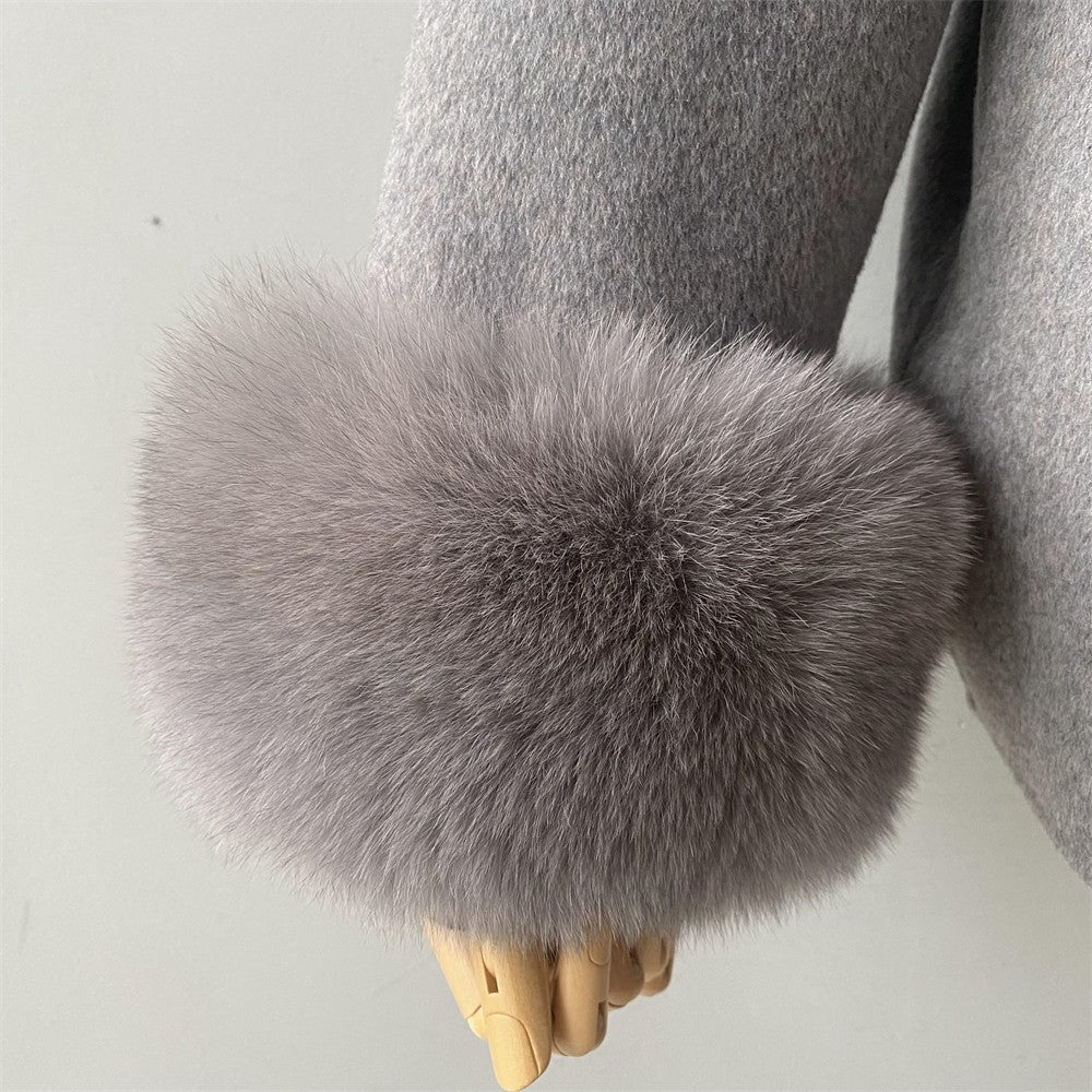 Jxwatcher Women's Wool Coat with Real Fox Fur Cuffs Ladies Elegance Belt Slim Outerwear Fall Winter High-End Wool Coats 2024 New