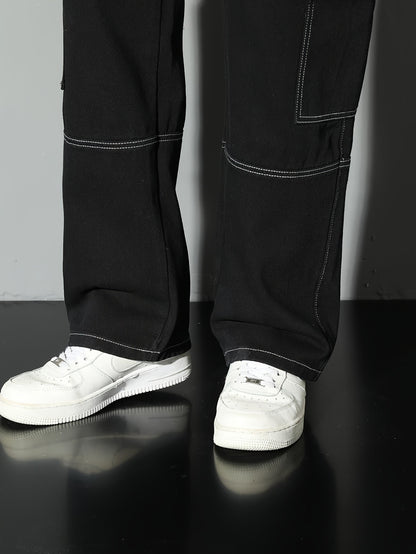 Calça jeans masculina estilo workwear, calça jeans, pernas retas e largas, estilo para todas as estações, lavada com múltiplos bolsos