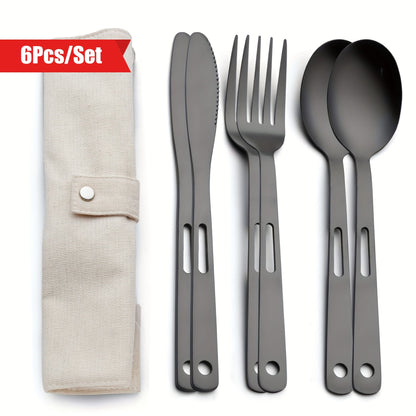 Tableware Set Stainless Steel Portable Cutlery Dinner Knife Fork Spoon 6-Piece Suit with Storage Bag for Travel Camping Flatware