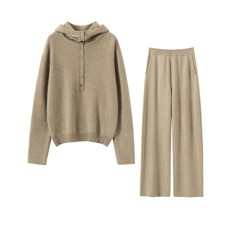 Autumn Winter New 100% Pure Cashmere Women Half Open Front Hoodie Set Knitted Two Piece Pullover Knitwear Wide Leg Pants