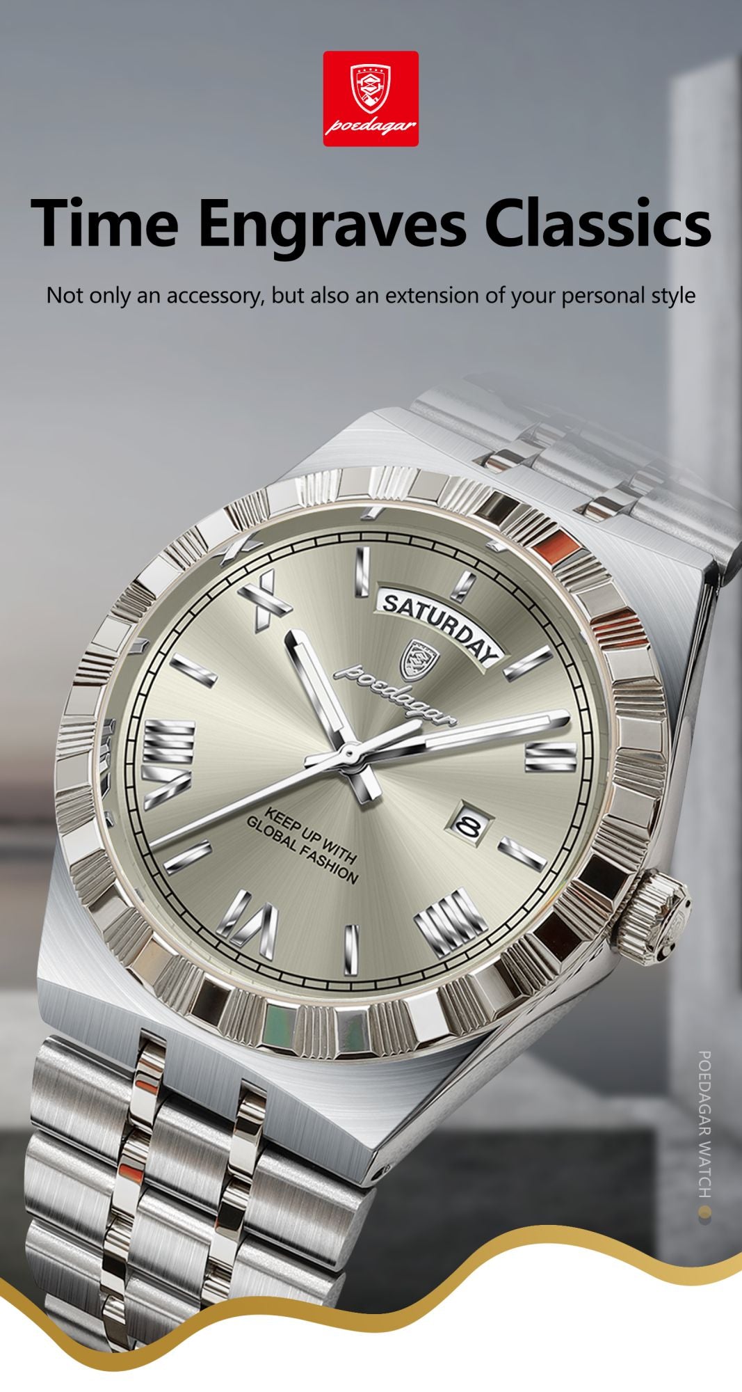 POEDAGAR Luxury Business Man Watch Week Date Waterproof Luminous Watches For Men Stainless Steel Quartz Fashion Men's Wristwatch