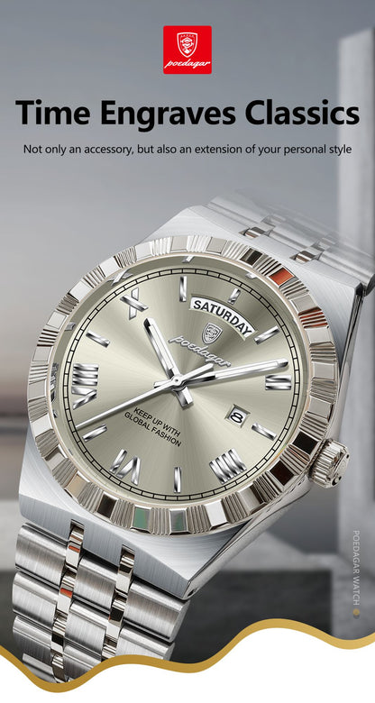 POEDAGAR Luxury Business Man Watch Week Date Waterproof Luminous Watches For Men Stainless Steel Quartz Fashion Men's Wristwatch