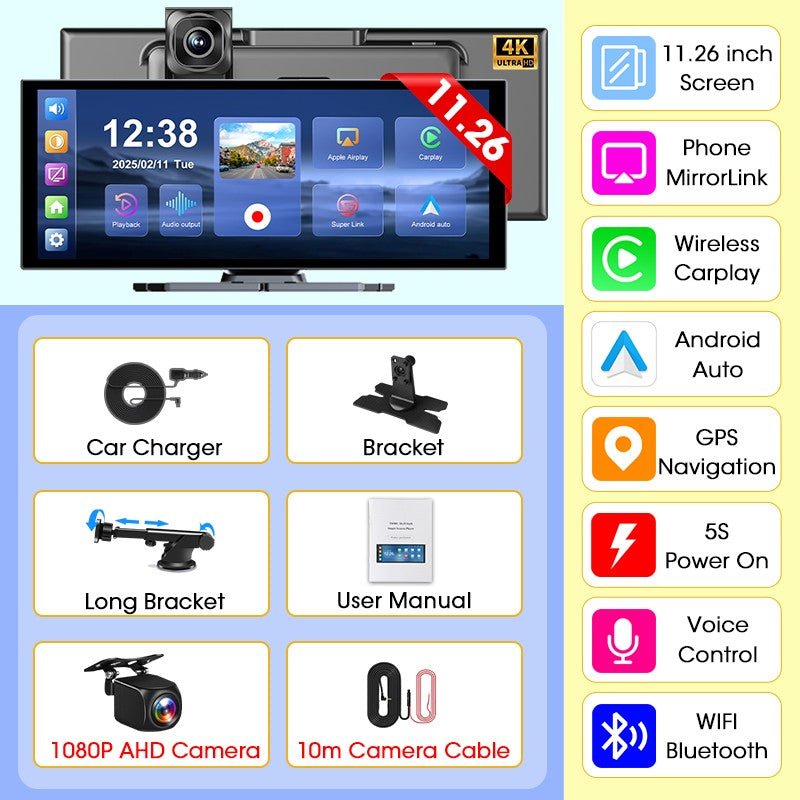 Develuck NEW 11.26 inch 4K DVR Wireless CarPlay and Android Auto Portable Dash Cam Car Screen Video Recorder 5G WIFI Navigation
