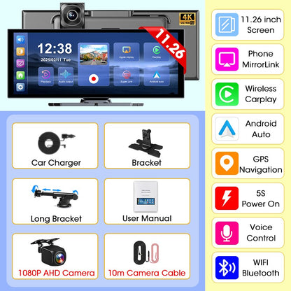 Develuck NEW 11.26 inch 4K DVR Wireless CarPlay and Android Auto Portable Dash Cam Car Screen Video Recorder 5G WIFI Navigation
