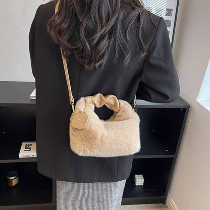 Fashionable Cute Plush Shoulder Bag for Women's Solid Color Soft Fluffy  Handbag Autumn Winter Soft Plush Crossbody Bag
