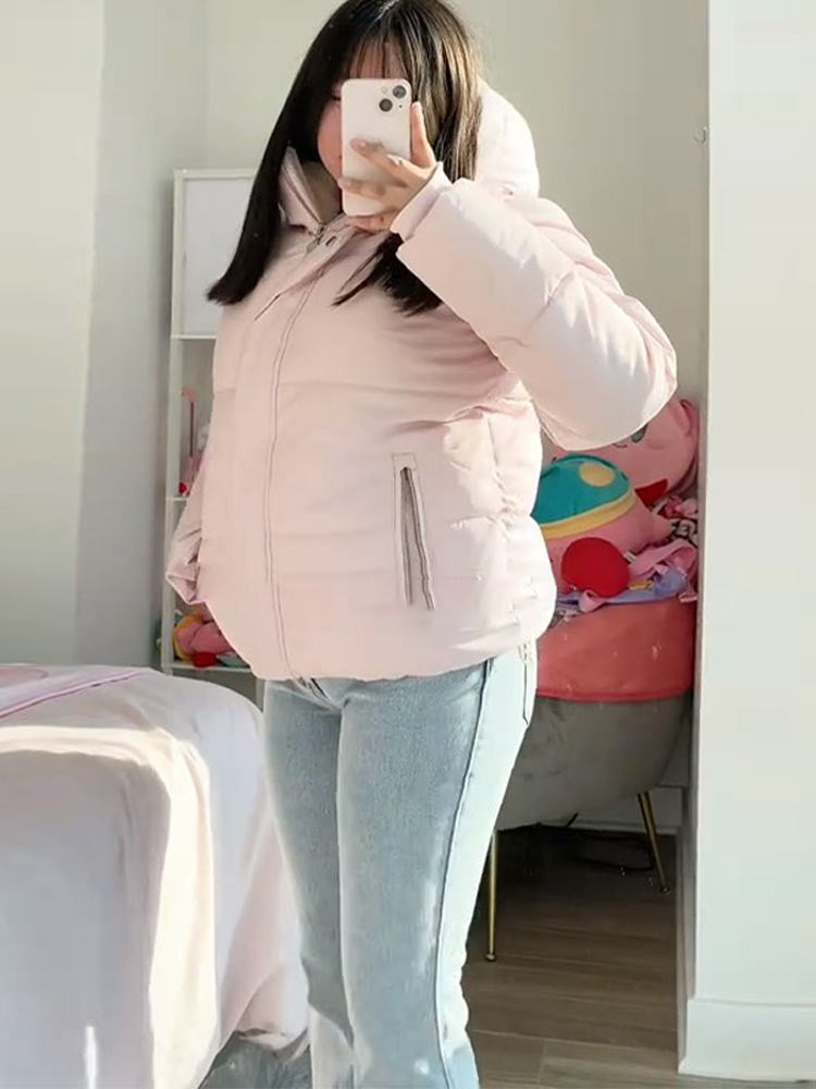 Pink Women's Jacket With Hat Zipper Pockets Inner Faux Fur Solid Female Jackets 2025 Autumn Winter Fashion Chic Lady Outwears