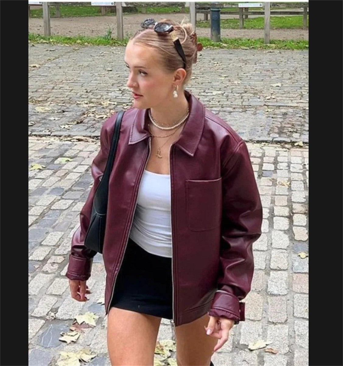 Jaqueta Feminina de Couro Sintético Vermelho Vinho Vintage, Casaco Moderno com Zíper e Lapela, Casacos de Outono Inverno, Blusas Curtas Femininas Estilo Streetwear