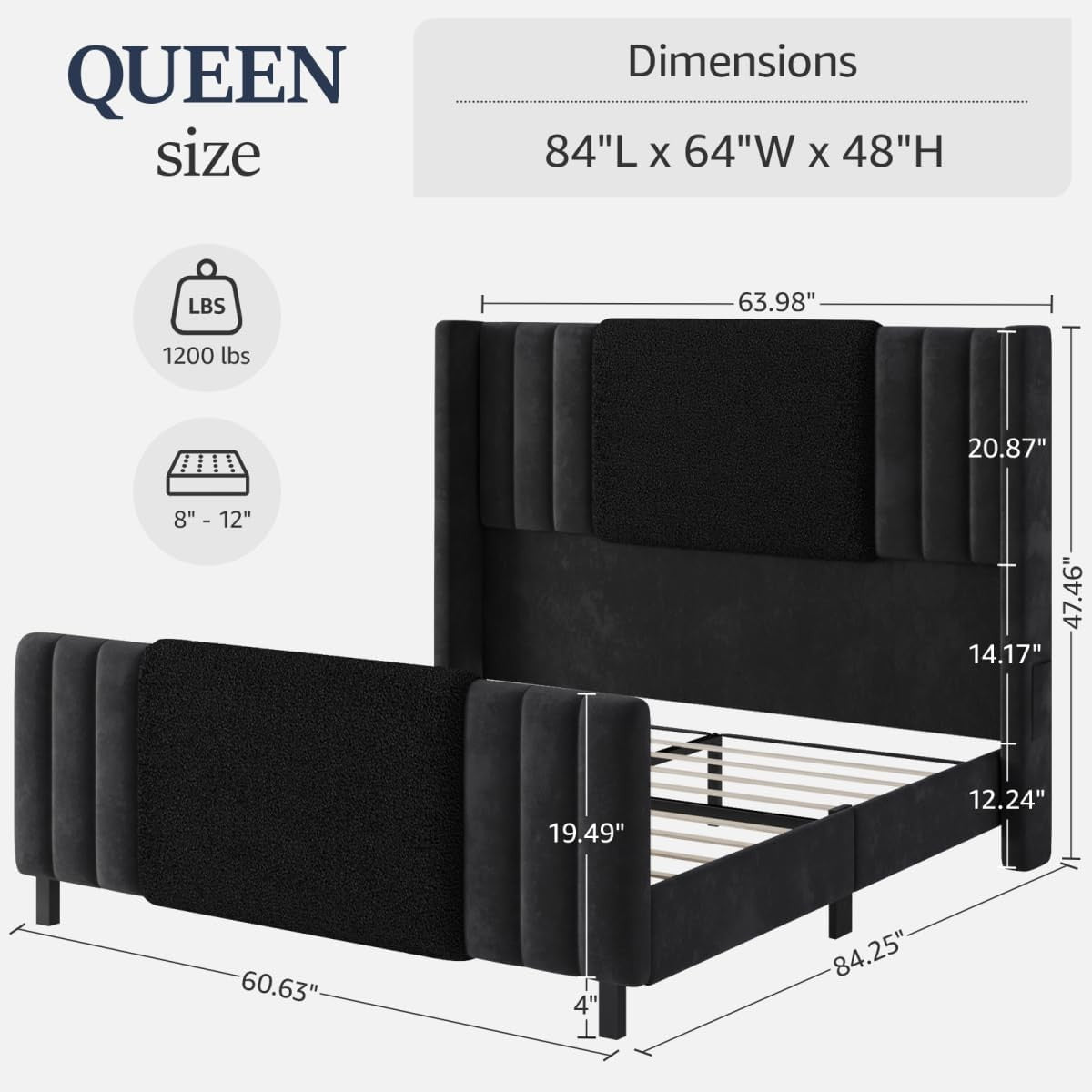 Queen Size Bed Frame with Tall Headboard and Footboard, Boucle and Velvet Upholstered Bed Frame Queen with LED Lights, M