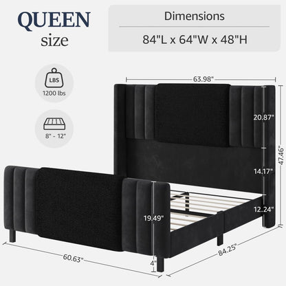 Queen Size Bed Frame with Tall Headboard and Footboard, Boucle and Velvet Upholstered Bed Frame Queen with LED Lights, M