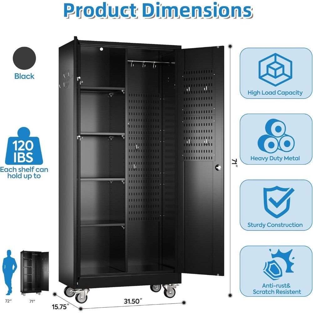 Garage Storage Cabinet with Wheels, Broom Closet Storage Cabinet with Pegboards and Adjustable Shelves, Metal Tool Cabinet