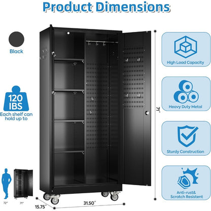 Garage Storage Cabinet with Wheels, Broom Closet Storage Cabinet with Pegboards and Adjustable Shelves, Metal Tool Cabinet