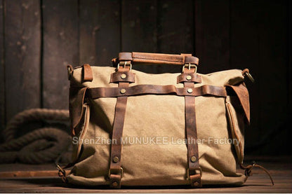 Vintage Military Canvas + Genuine Leather Men Shoulder Bag Sling Crossbody Bag Tote Handbag Men Canvas Messenger Bag  Leisure