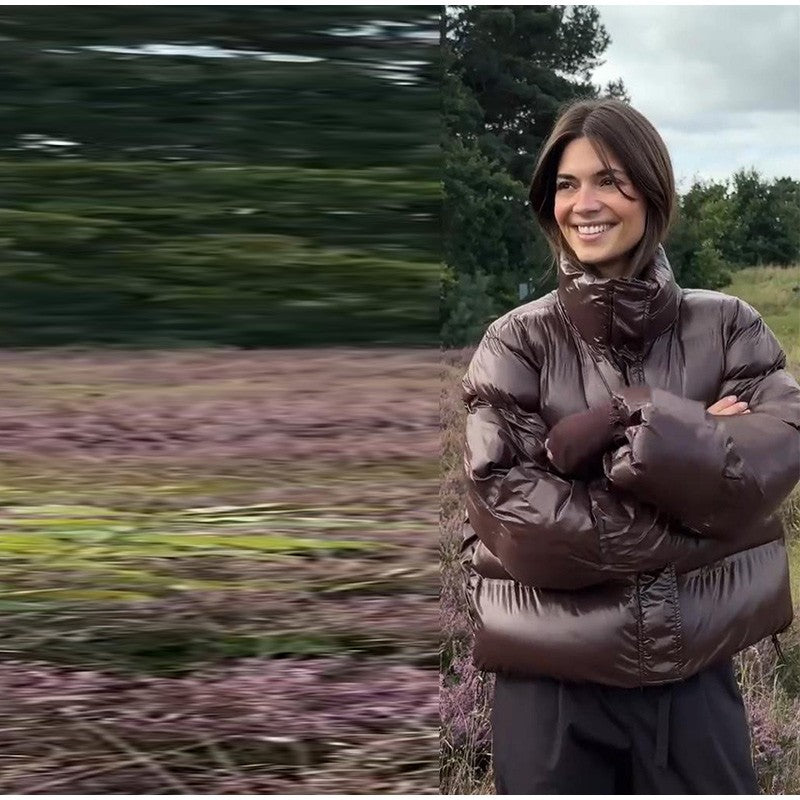 Fashion Glossy Padded Jacket Women's Solid Turtleneck Long Sleeve Warm Down Coat 2025 Autumn Winter New Lady Casual Outerwear