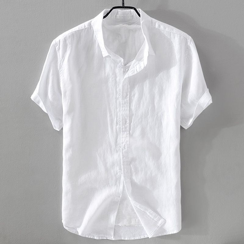 100% Linen Short Sleeve Shirt Men Cotton Linen Clothing Top Casual Summer Half Sleeve Shirt Loose Style Square Collar