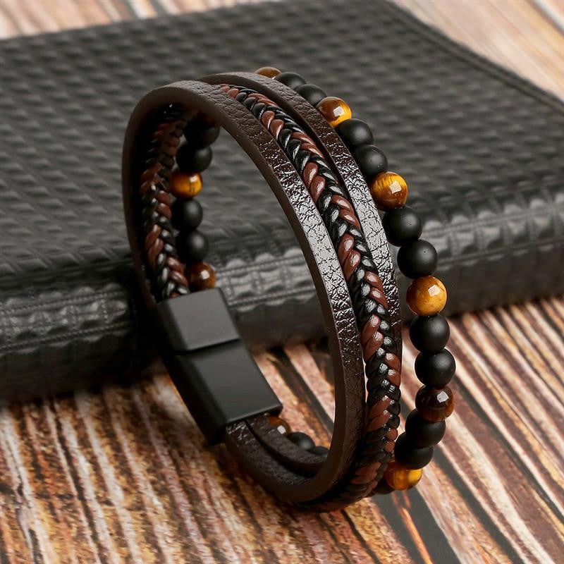 Moda Trançada Corda Tecida Camadas Couro Masculino Pulseiras Punk Metal Magnético Bracelete para Amigo Charme Joias Presentes