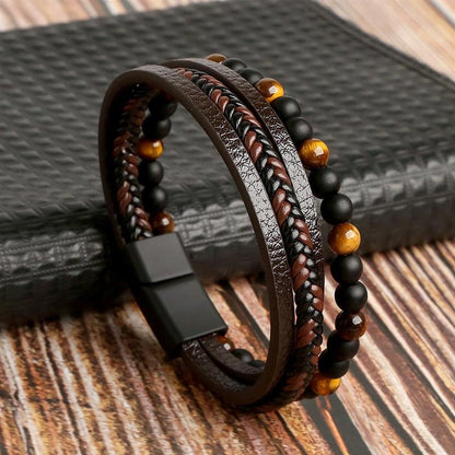 Moda Trançada Corda Tecida Camadas Couro Masculino Pulseiras Punk Metal Magnético Bracelete para Amigo Charme Joias Presentes